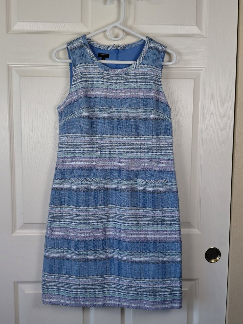 Talbots Blue Purple Stripe Tweed Sleeveless Lined Sheath Dress Size 8 Petite